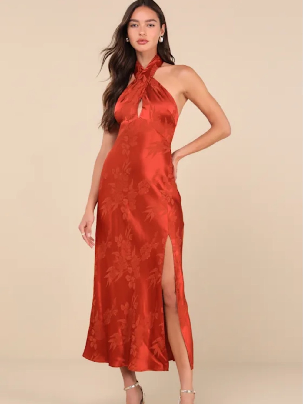 Astr One-Shoulder Satin Midi Dress in Rust Red